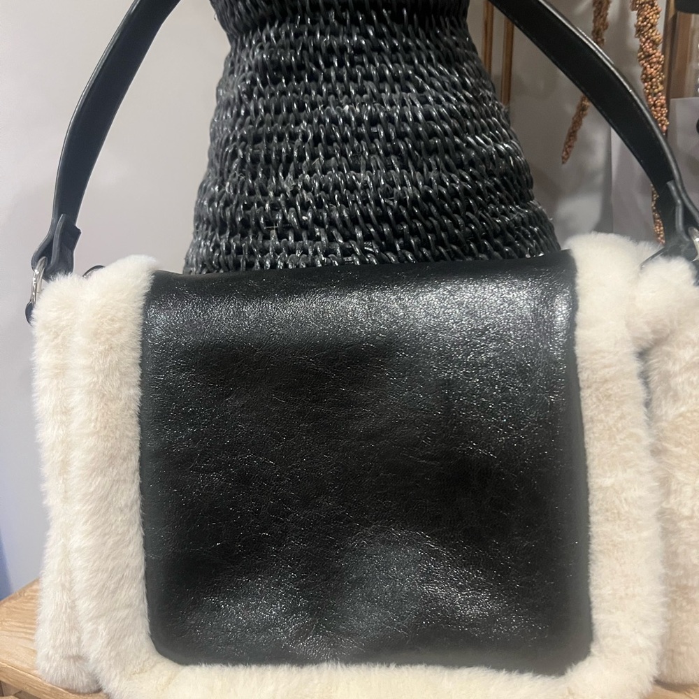 BCBG Black and Cream Faux Fur Shoulder Bag